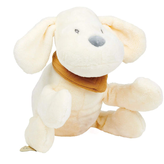 Nattou Charlie Dog Cuddly plush toy in soft cream vanilla fabric with long floppy ears, a grey nose, and a brown neckerchief. Ideal for baby cuddles."