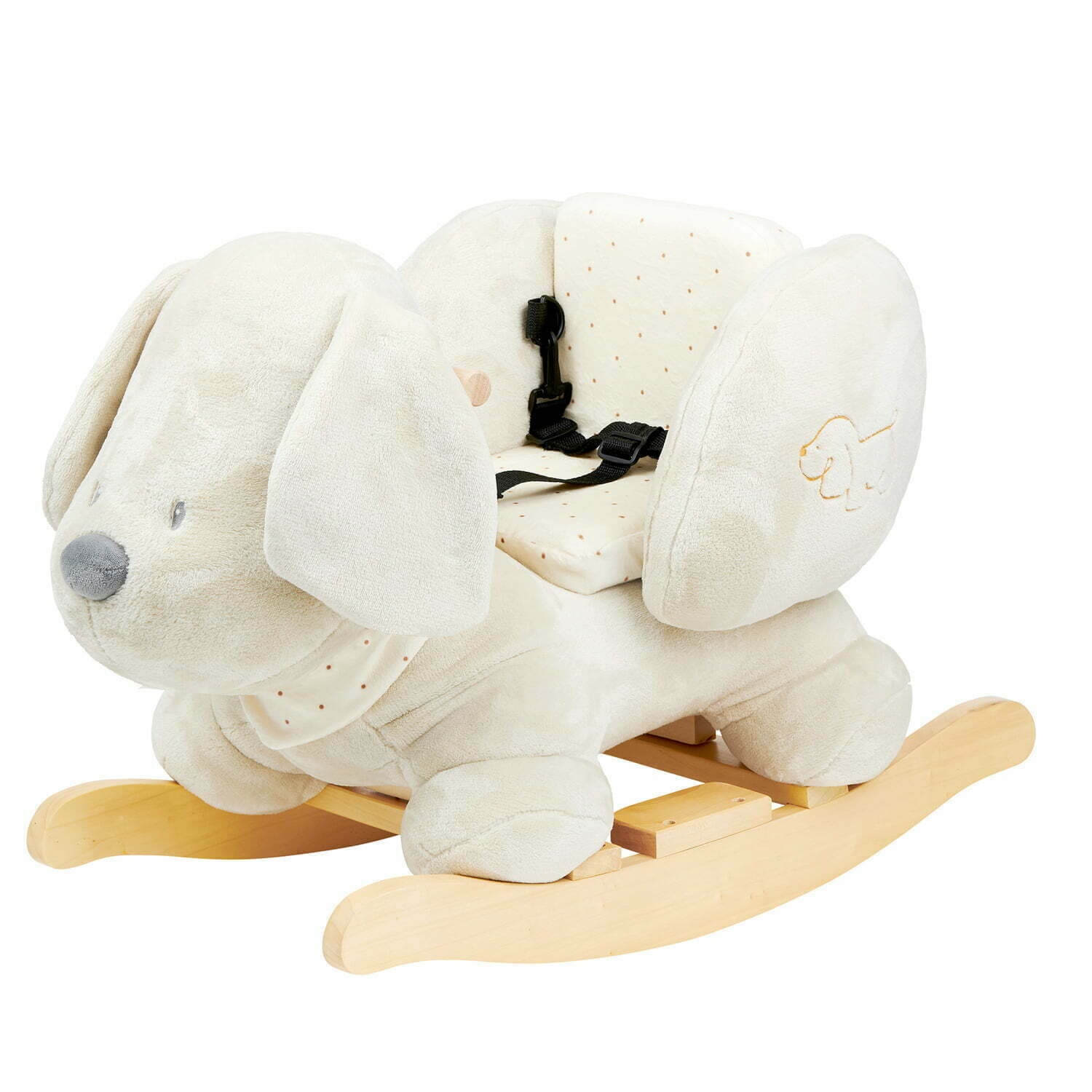 Nattou Charlie the Dog rocker in vanilla, featuring soft plush fabric, a sturdy wooden base, and a secure seat with harness for safe play.