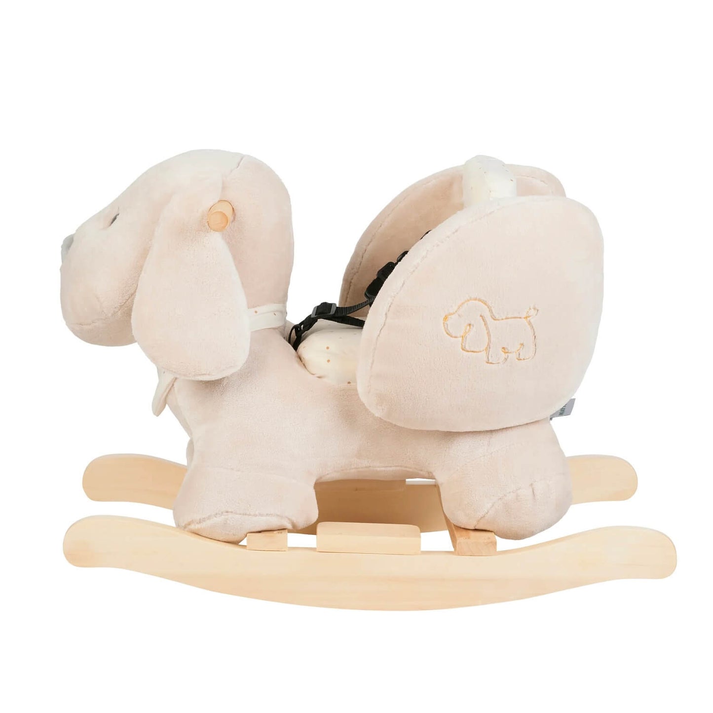 Side view of Nattou Charlie the Dog rocker in vanilla, with soft plush fabric, sturdy wooden base, and secure seat with harness.