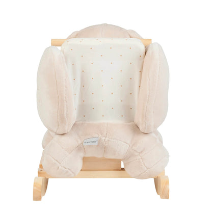 Back view of Nattou Charlie the Dog rocker in vanilla, showing soft plush fabric, sturdy wooden base, and cosy seat with polka dot pattern.