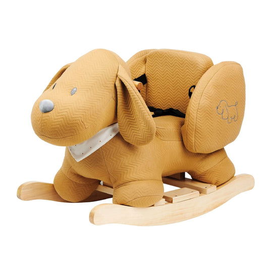 Nattou Charlie the Dog rocker in caramel with soft plush fabric, wooden base, secure seat, and harness for safe, cosy playtime.