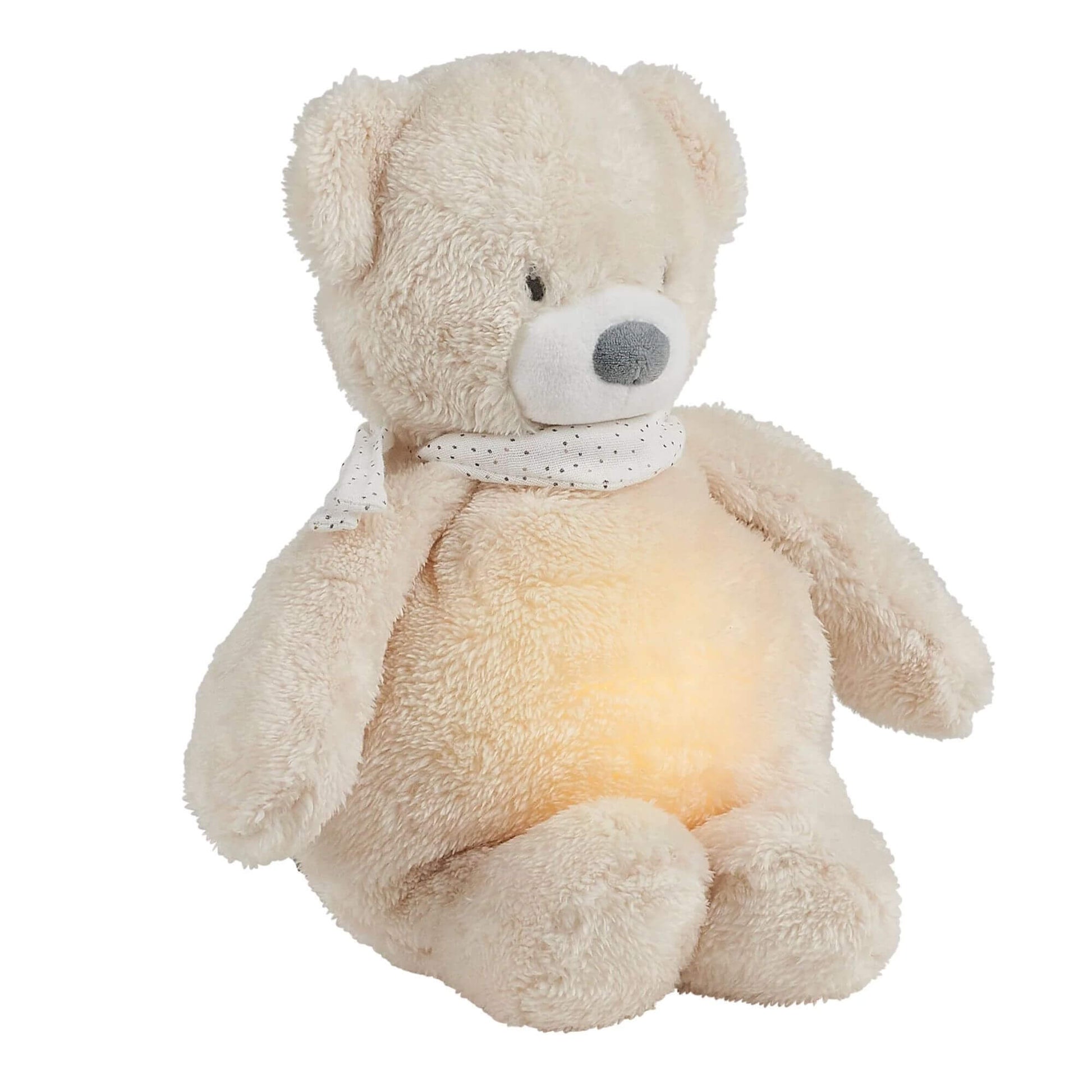 Nattou Sleepy cuddly bear nightlight with a gentle glow in its belly, wearing a white polka-dot scarf. Ideal for soothing bedtime routines.