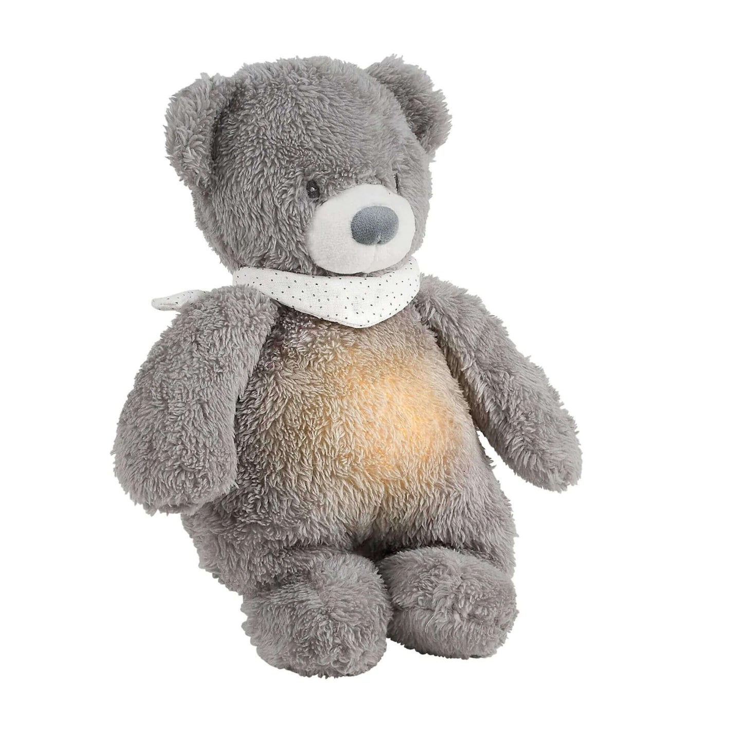 Nattou Sleepy cuddly bear nightlight with a gentle glow in its belly, wearing a white polka-dot scarf. Ideal for soothing bedtime routines.