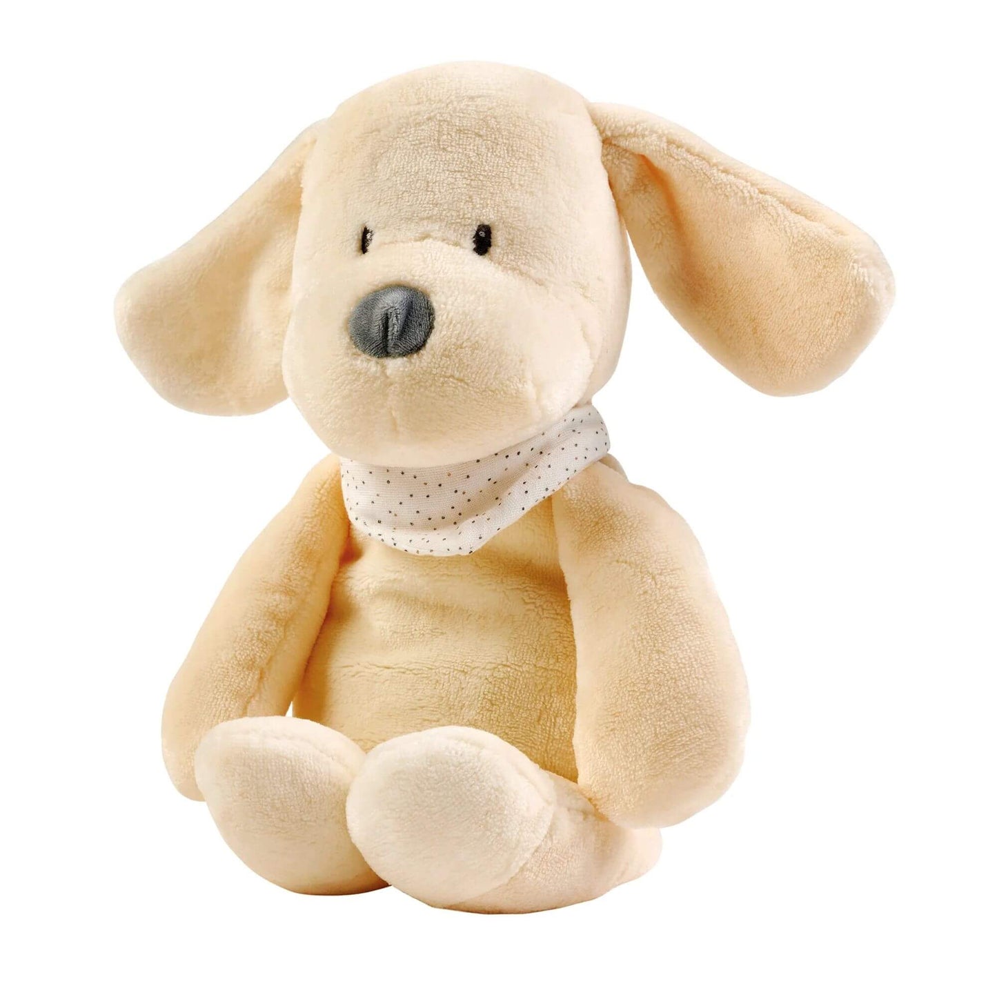 Nattou Sleepy Cuddly dog nightlight with floppy ears and a white polka-dot scarf. Soft and plush, perfect as a comforting sleep aid for babies and toddlers.