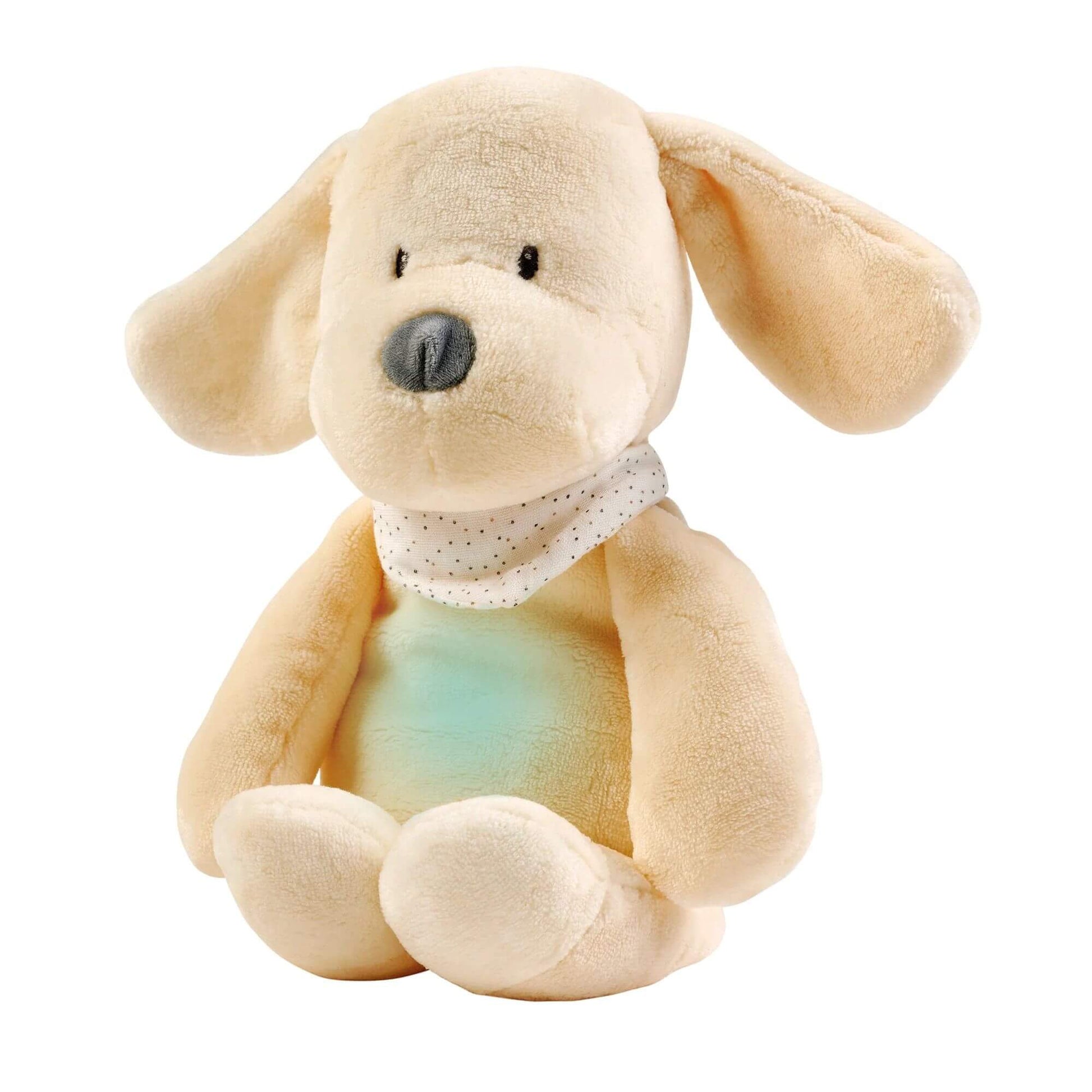 Nattou Sleepy Cuddly Dog nightlight with a gentle glow in its belly, wearing a white polka-dot scarf. Ideal for soothing bedtime routines.