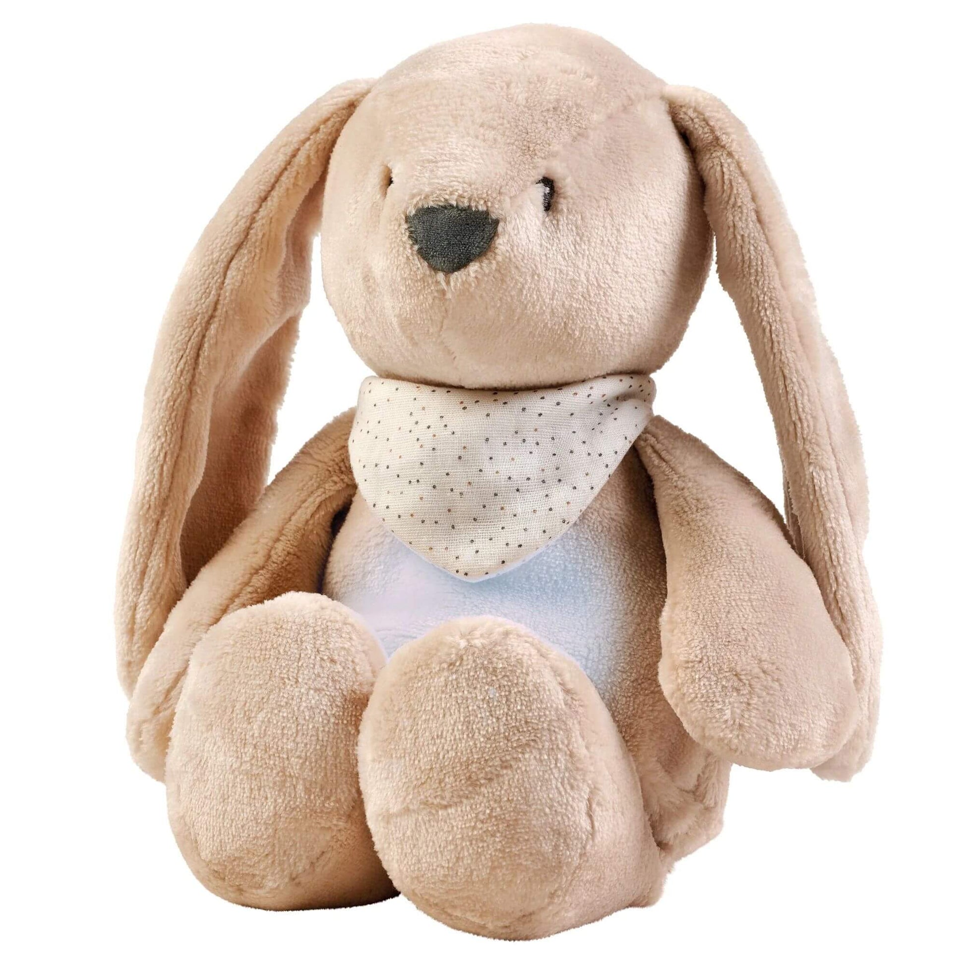 Nattou sleepy cuddly bunny nightlight with a gentle glow in its belly, wearing a polka-dot scarf. Ideal for soothing bedtime routines.