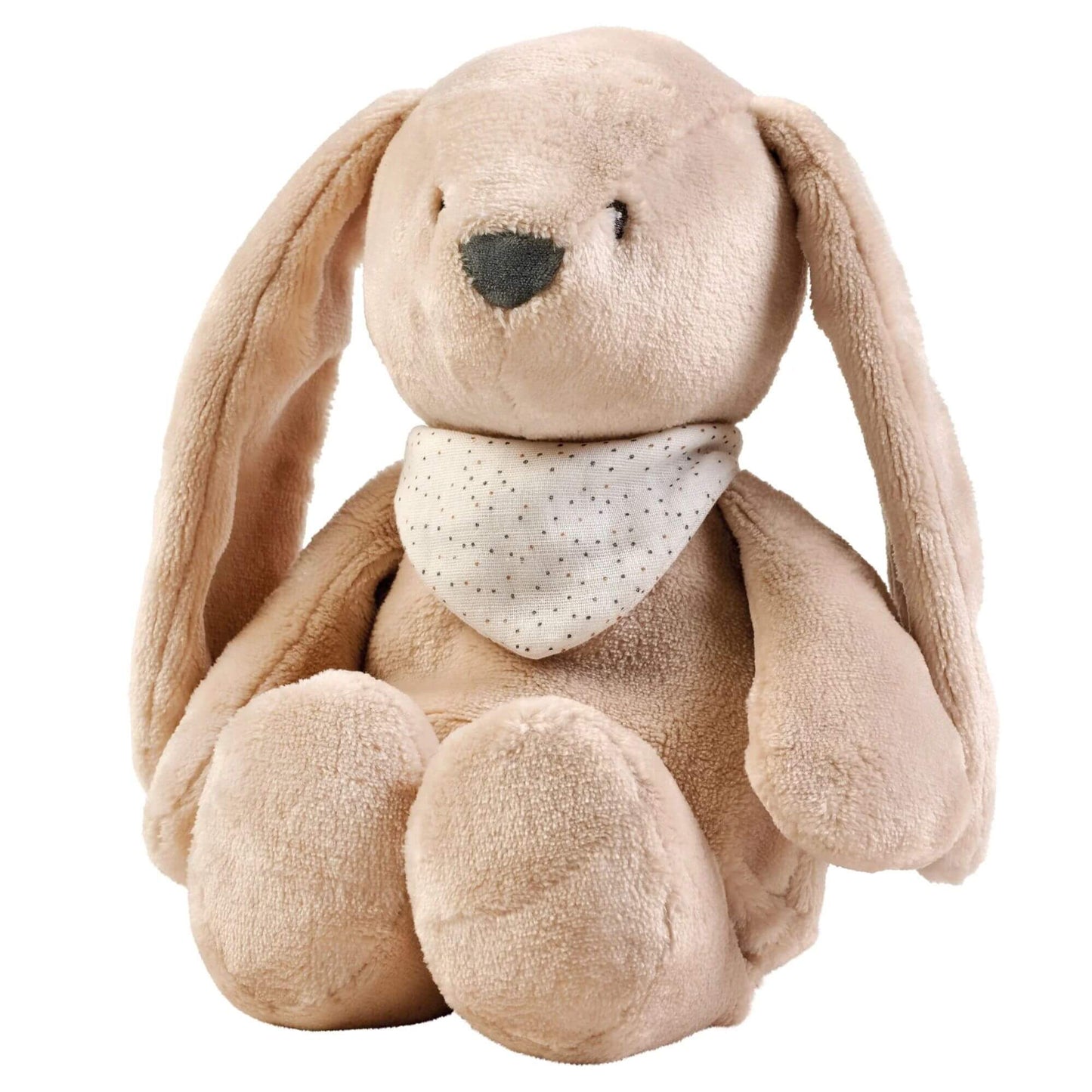 Nattou Sleepy Cuddly Bunny with floppy ears and a polka-dot scarf. Soft and plush, perfect as a sleep aid for babies and toddlers.