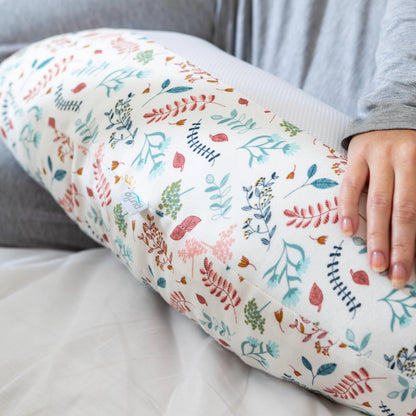 Close-up of Purflo Breathe Pregnancy Pillow in Botanical print, showcasing soft fabric and breathable mesh.