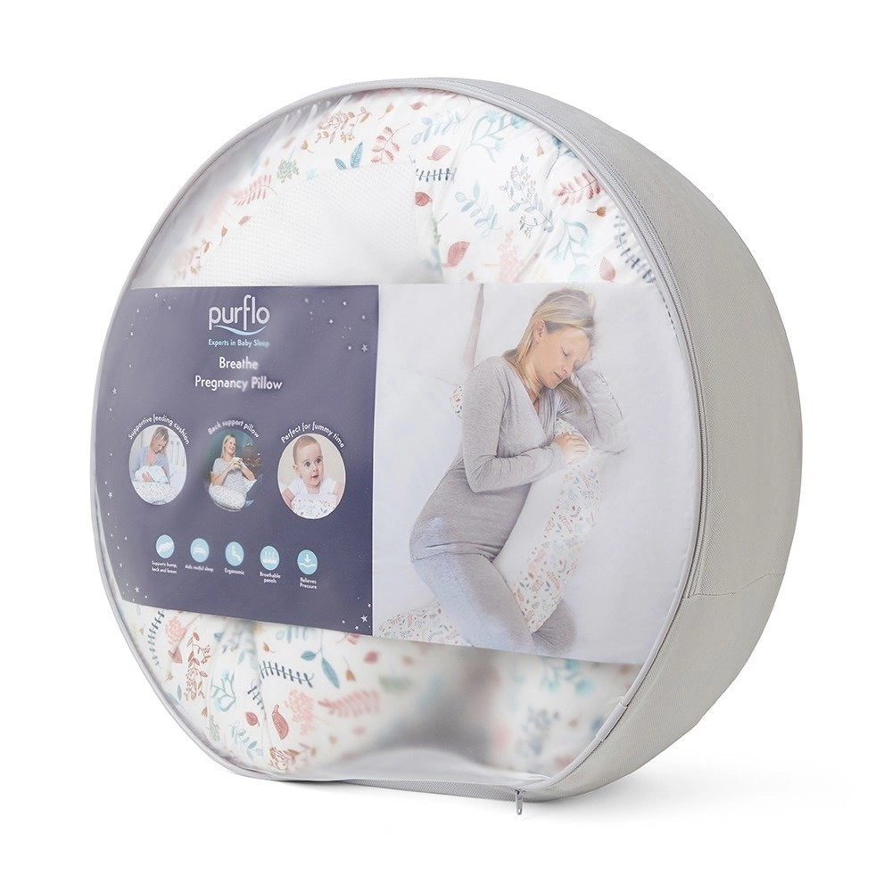 Purflo Breathe Pregnancy Pillow in Botanical print, packaged in a round carry case, featuring breathable fabric providing ergonomic support.