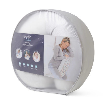 Purflo Breathe Pregnancy Pillow in minimal grey, packaged in a round carry case, featuring breathable fabric and ergonomic support design.