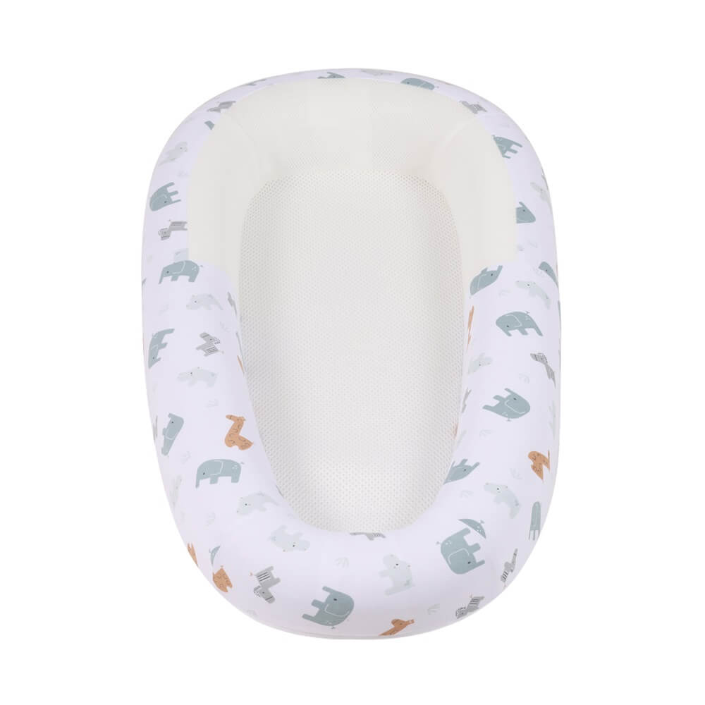 Purflo Sleeptight Baby Bed in Animal Safari design, featuring a white cover with cute animal prints including elephants and giraffes. Soft and breathable for baby.