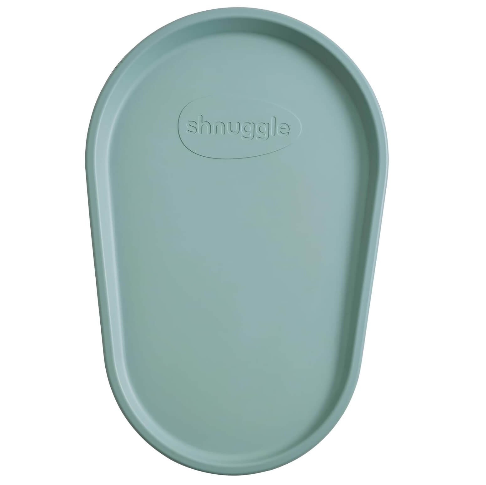 Close-up view of Shnuggle Squishy Changing Mat in eucalyptus colour displaying ergonomic oval design and textured non-slip surface with brand logo.