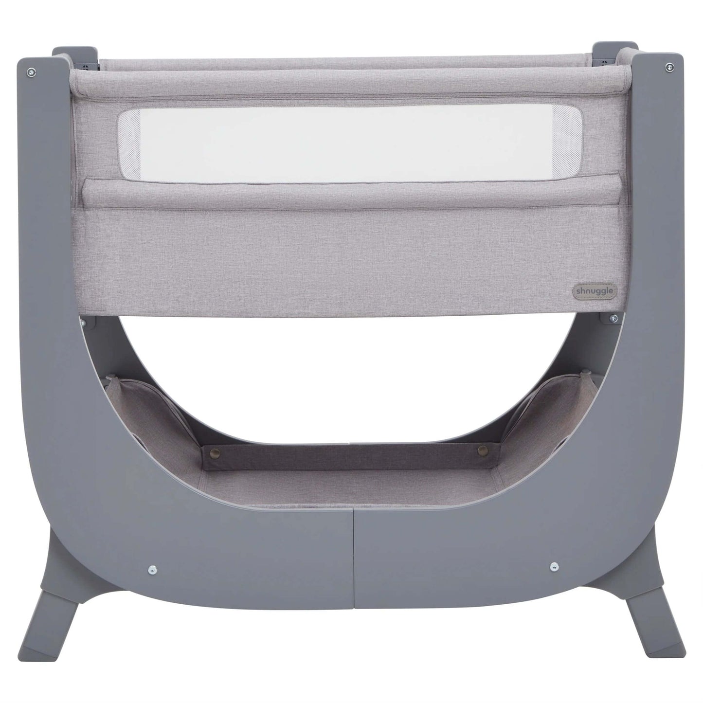 Shnuggle Air Lite Bedside Crib in grey, side view with breathable mesh panel and sturdy grey frame for safe bedside sleeping.