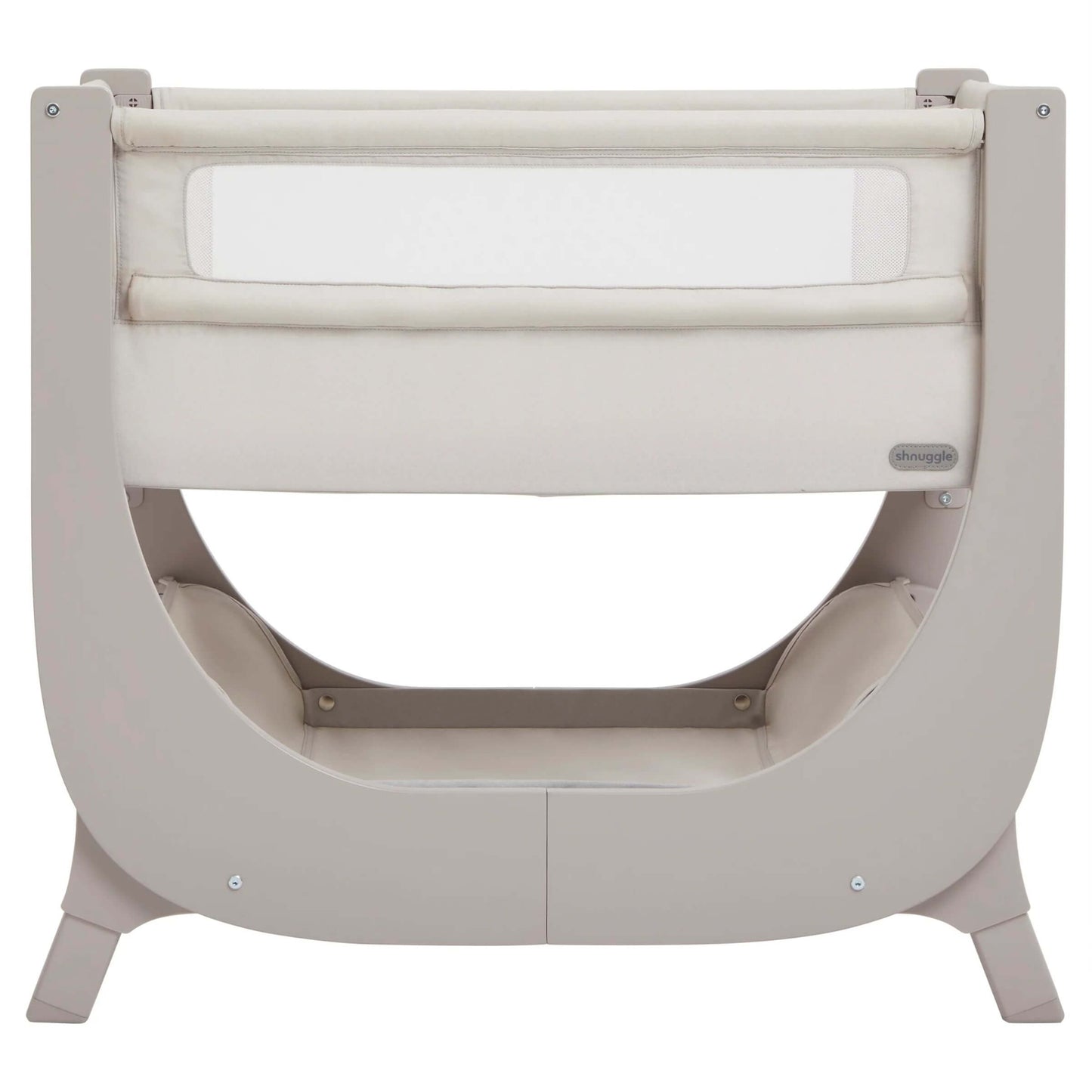 Shnuggle Air Lite Bedside Crib in taupe, side view with breathable mesh panel and sturdy taupe frame for safe bedside sleeping.