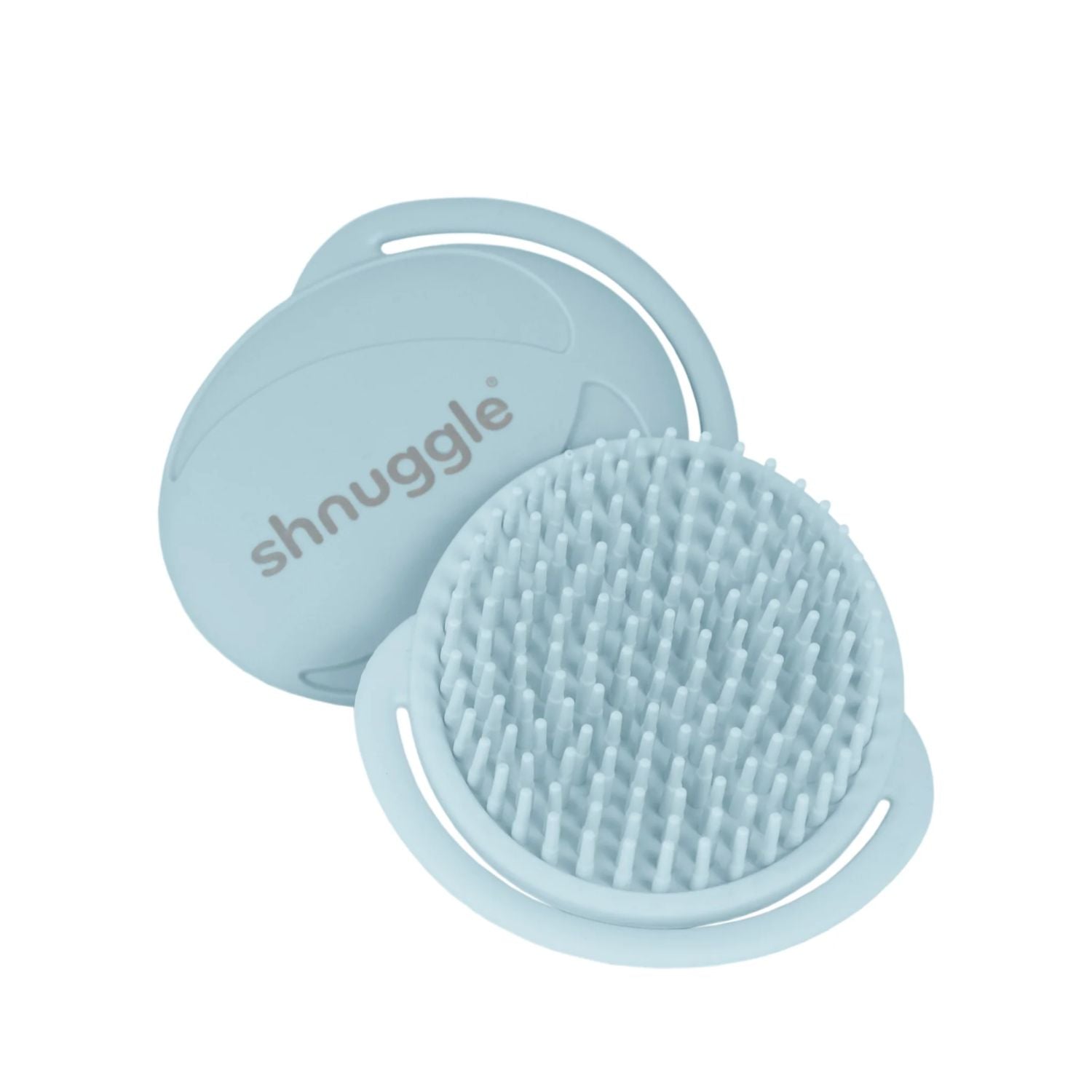 Shnuggle baby bath brush in blue with soft silicone bristles and an ergonomic handle, designed for gentle cleansing and soothing massage.