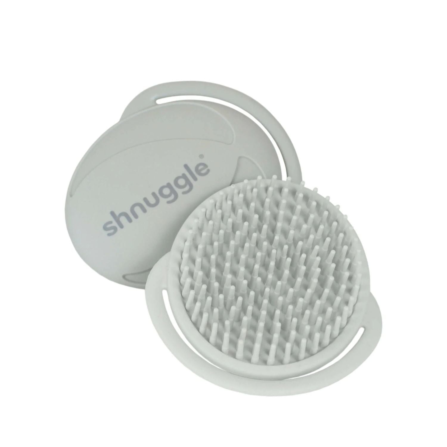 Shnuggle baby bath brush in grey with soft silicone bristles and an ergonomic handle, designed for gentle cleansing and soothing massage.