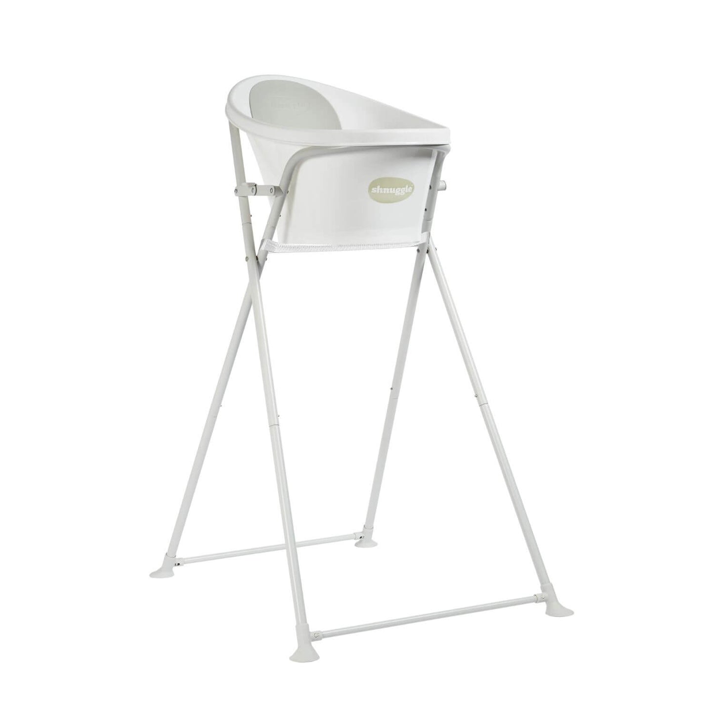 Shnuggle baby bath placed securely on a tall stand with sturdy legs, designed to elevate the bath for easy and comfortable access.