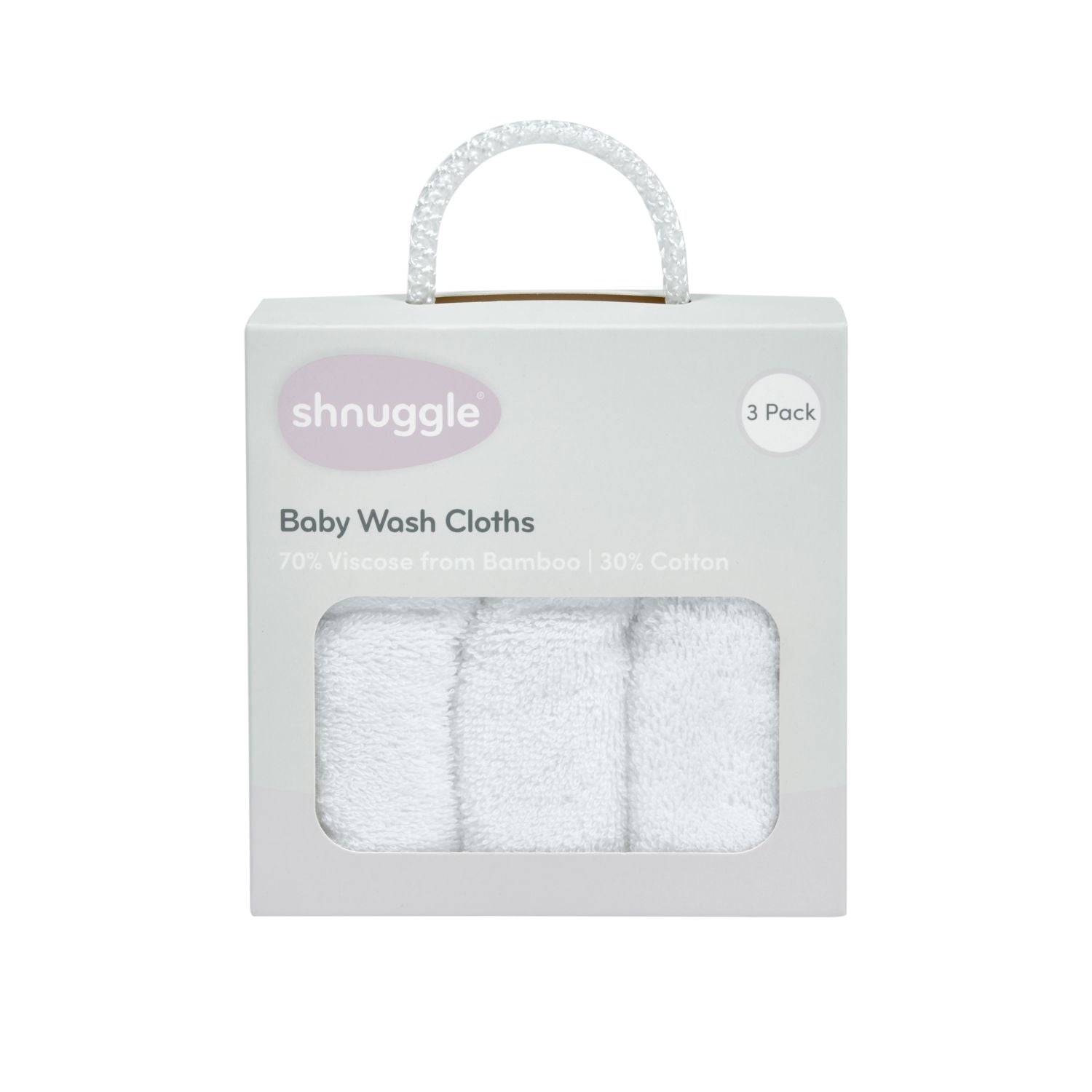 Pack of three Shnuggle baby washcloths made from 70% bamboo and 30% cotton, shown in soft grey packaging with a carry handle."