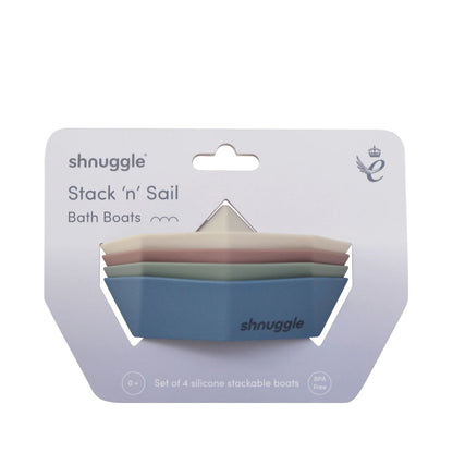 Shnuggle Stack ‘n’ Sail Bath Boat Toys in packaging, showing a set of four BPA-free silicone stackable boats in soft pastel colours.