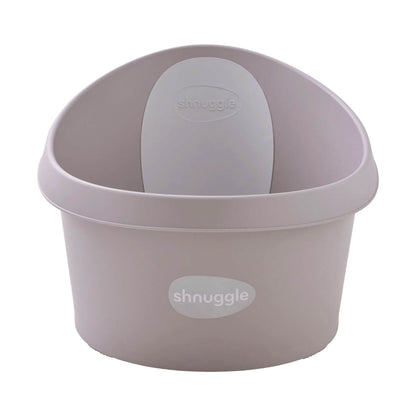 Taupe Shnuggle toddler bath with supportive backrest and high sides, designed for comfort and safety. Shnuggle logo on front.