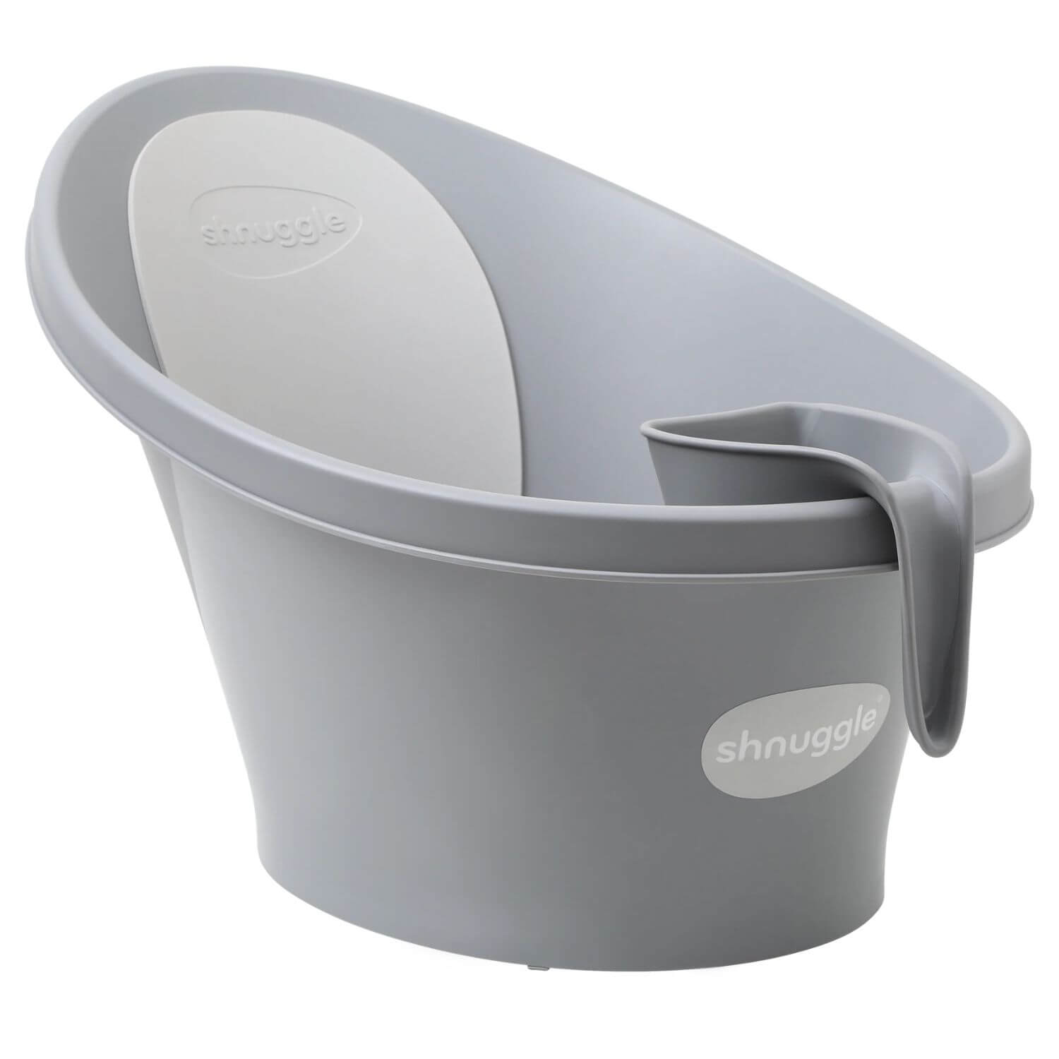 Pebble Grey Shnuggle baby bath with matching Washy bath jug attached.