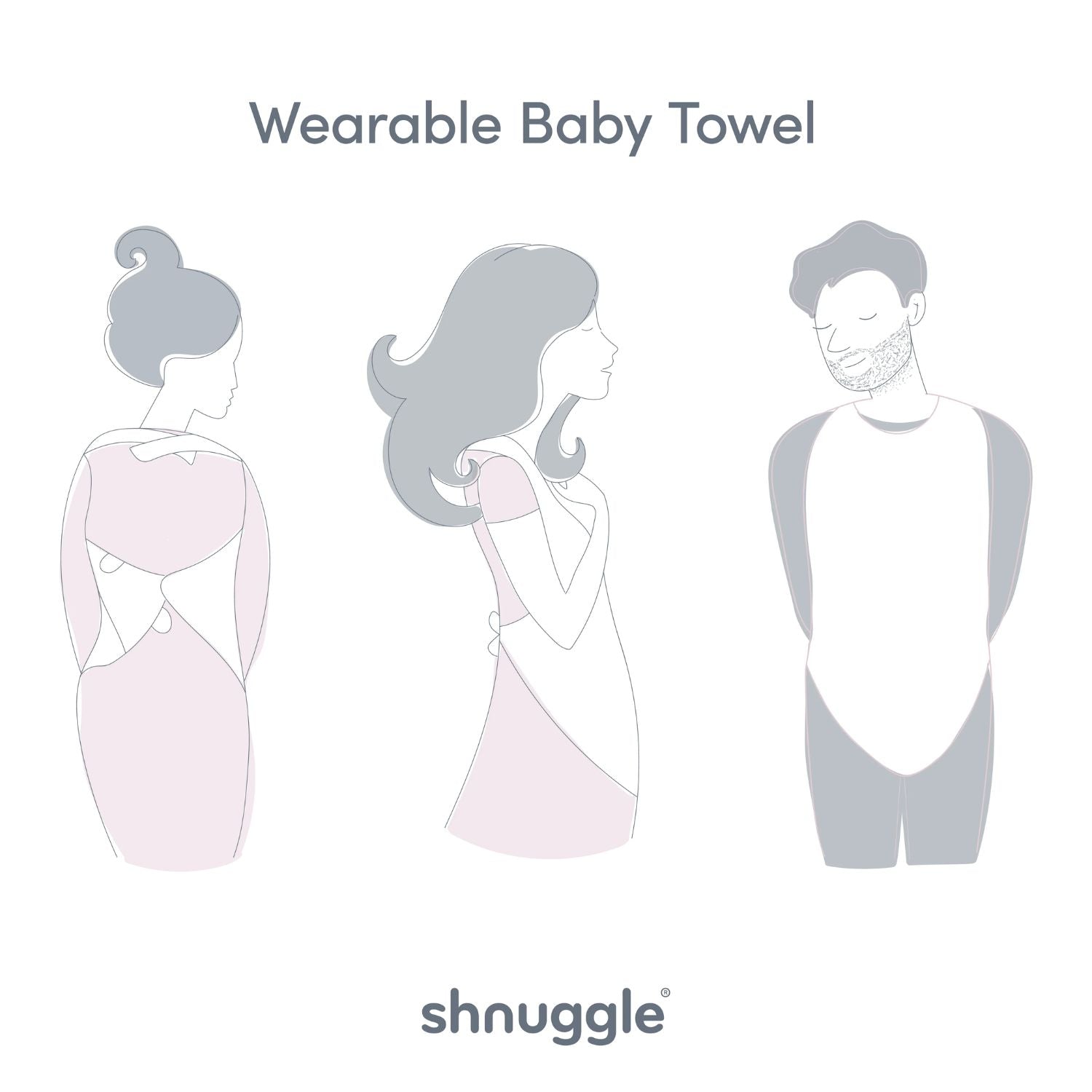 Illustration showing the Shnuggle wearable baby towel in use, worn by parents for hands-free drying after baby’s bath.