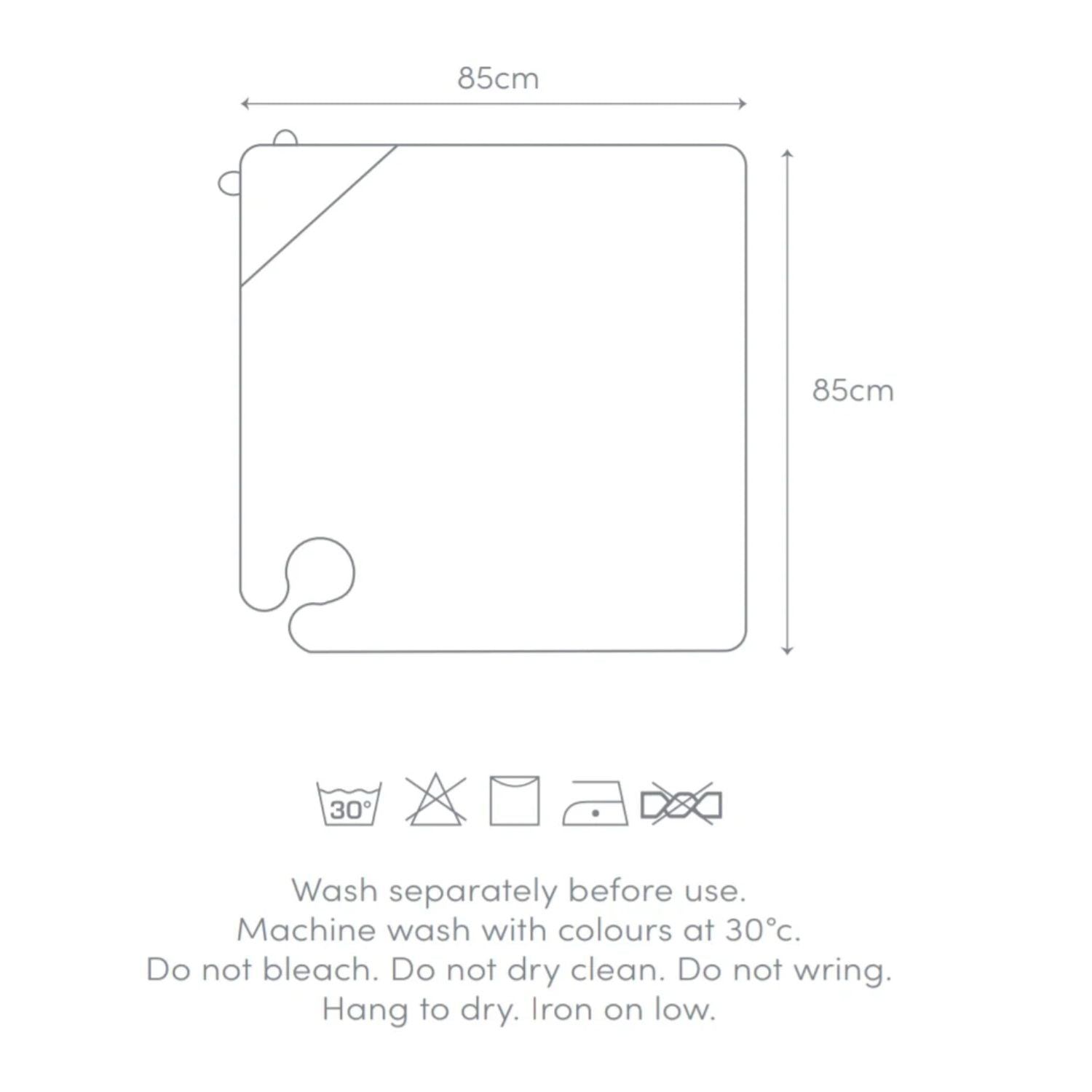 Diagram of the Shnuggle wearable baby towel dimensions, 85cm x 85cm, with washing instructions: machine wash at 30°C, do not bleach, dry clean, or wring.