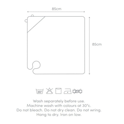 Diagram of the Shnuggle wearable baby towel dimensions, 85cm x 85cm, with washing instructions: machine wash at 30°C, do not bleach, dry clean, or wring.