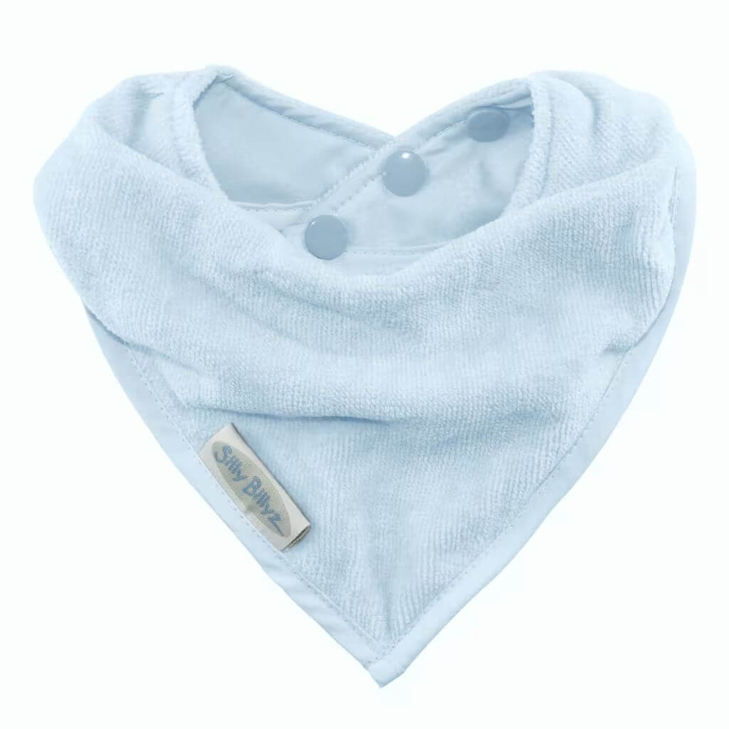 Silly Billyz towel bandana bib in dusty blue, featuring soft towelling fabric, waterproof backing, and adjustable pop-stud closure.