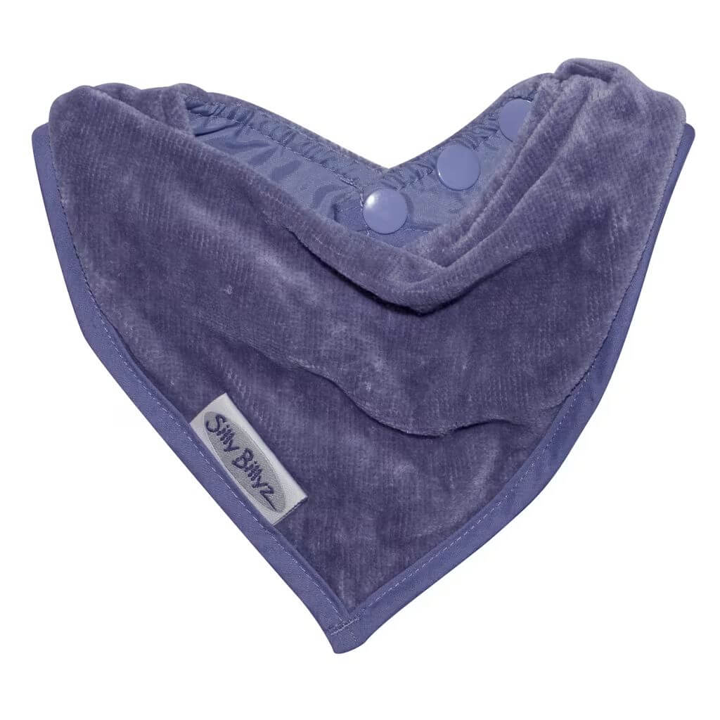 Silly Billyz lilac towel bandana bib, featuring soft towelling fabric, waterproof backing, and adjustable pop-stud closure.