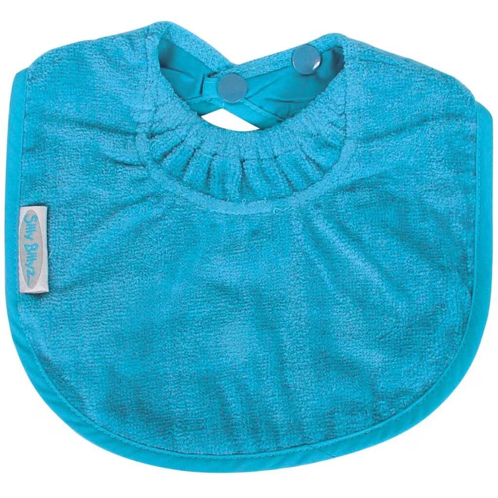 Silly Billyz Towel Biblet in Aqua Blue with double snap closure, soft towelling fabric, and a snug neck guard for maximum comfort and spill protection.