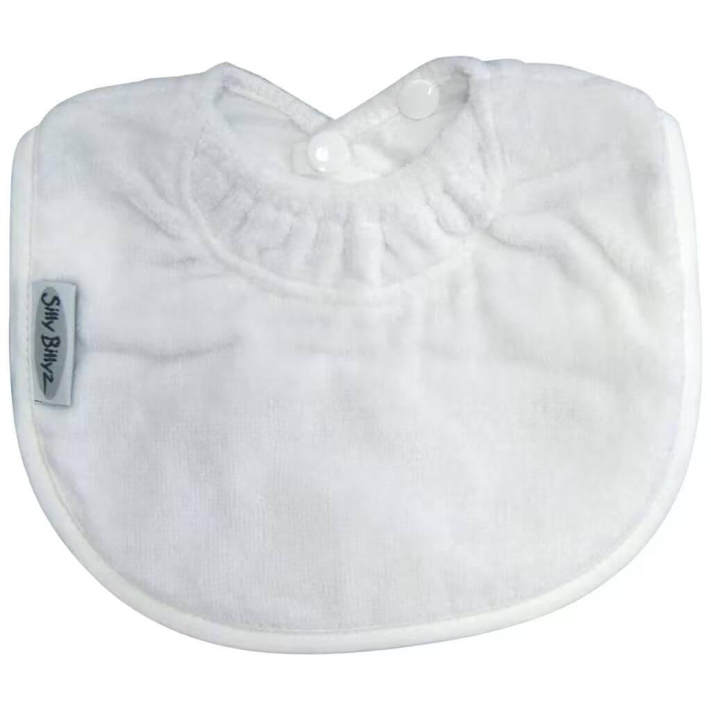 Silly Billyz Towel Biblet in white with double snap closure, soft towelling fabric, and a snug neck guard for maximum comfort and spill protection.