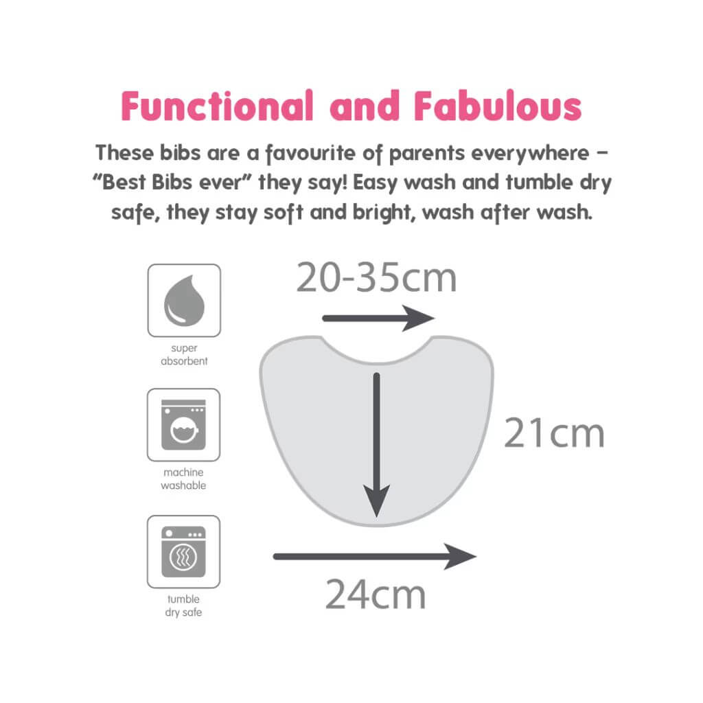 Size diagram of Silly Billyz Towel Large Bib showing dimensions: 20-35 cm neck width, 21 cm length, and 24 cm width.