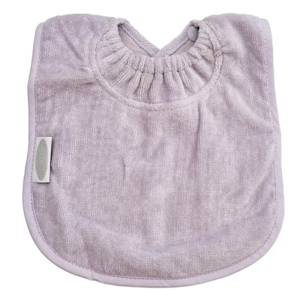 Lavender Silly Billyz Towel Large Bib, featuring a soft absorbent front, waterproof backing, and snap neck closure.