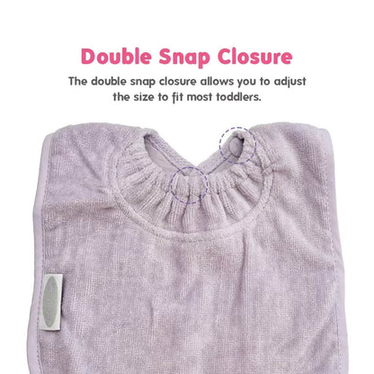 Silly Billyz Towel Large Bib in lavender, featuring a double snap closure for adjustable fit, absorbent towel front, and waterproof backing.