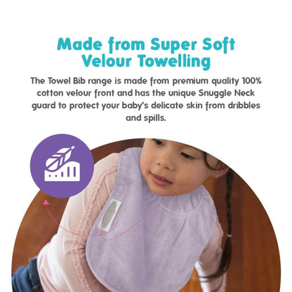 Child wearing Silly Billyz Towel Large Bib in lavender, made from soft velour towelling with a Snuggle Neck guard for extra comfort.