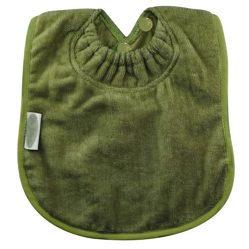 Olive Silly Billyz Towel Large Bib, featuring a soft absorbent front, waterproof backing, and snap neck closure.