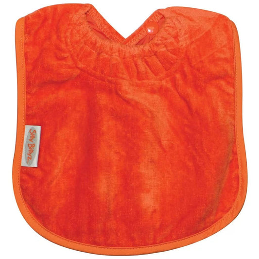 Orange Silly Billyz Towel Large Bib, featuring a soft absorbent front, waterproof backing, and snap neck closure.