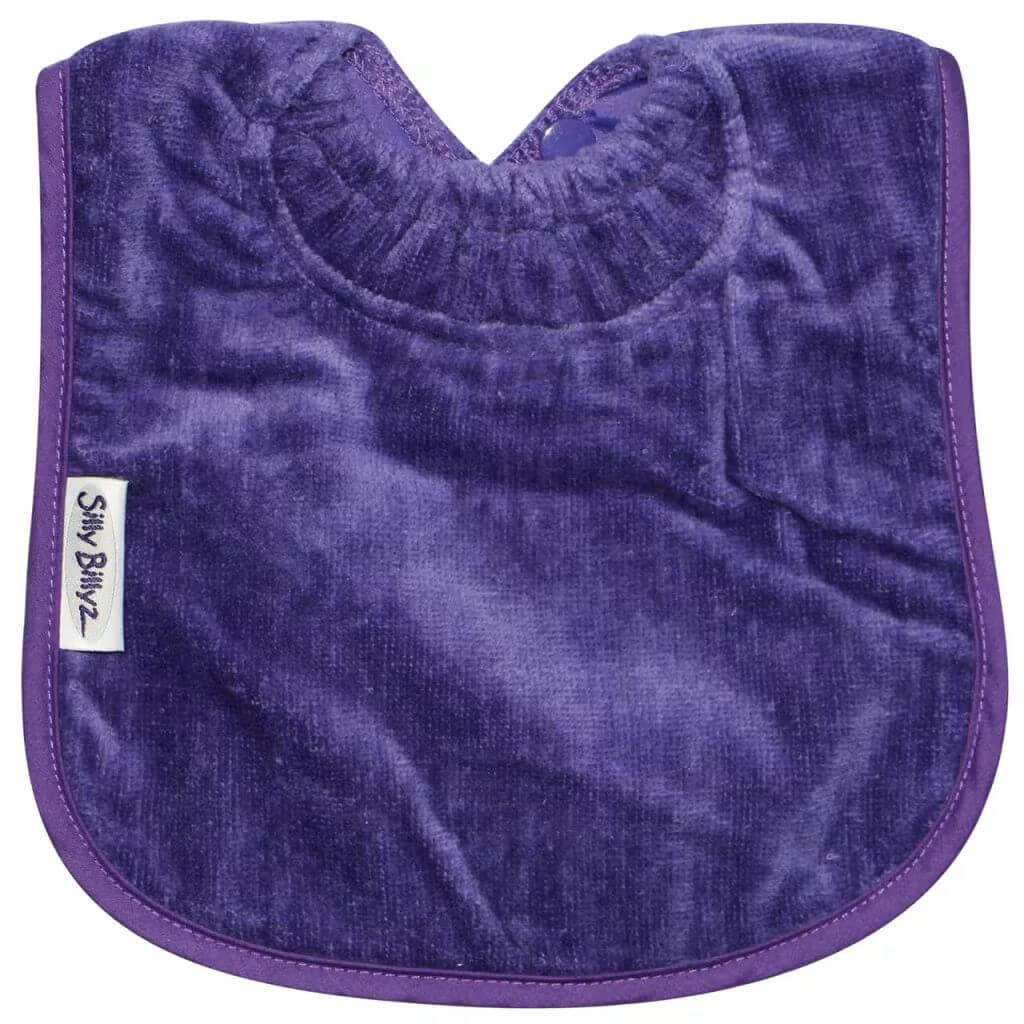 Purple Silly Billyz Towel Large Bib, featuring a soft absorbent front, waterproof backing, and snap neck closure.