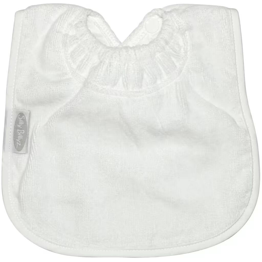 White Silly Billyz Towel Large Bib, featuring a soft absorbent front, waterproof backing, and snap neck closure.