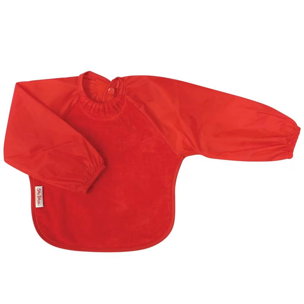 Red Silly Billyz Long Sleeve Bib Towel  featuring soft absorbent towelling front, waterproof sleeves, and elastic cuffs for full coverage.