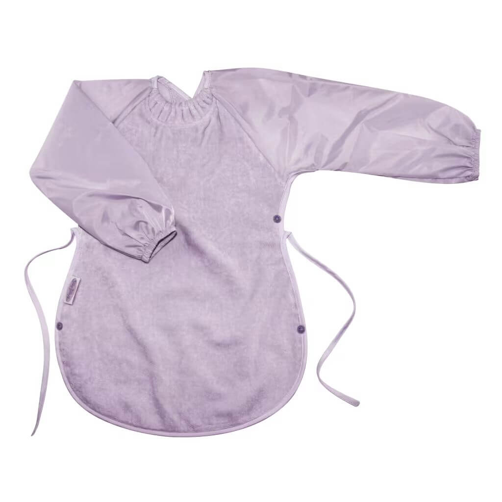 Silly Billyz Towel Messy Eater Bib in Lavender, featuring a soft absorbent front, waterproof backing, and adjustable neck fastening.