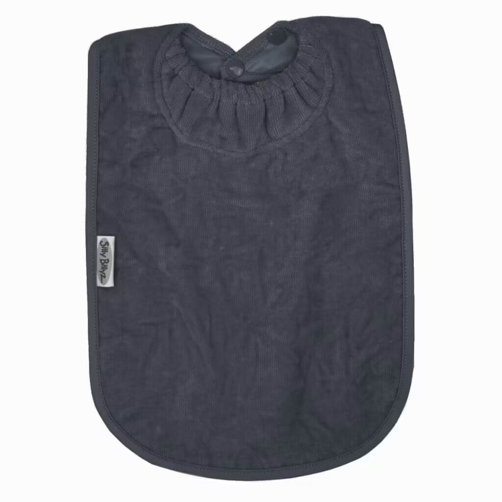 Grey Silly Billyz Towel XL Bib provides extra-large coverage with a soft, absorbent front and waterproof backing to keep messes under control.