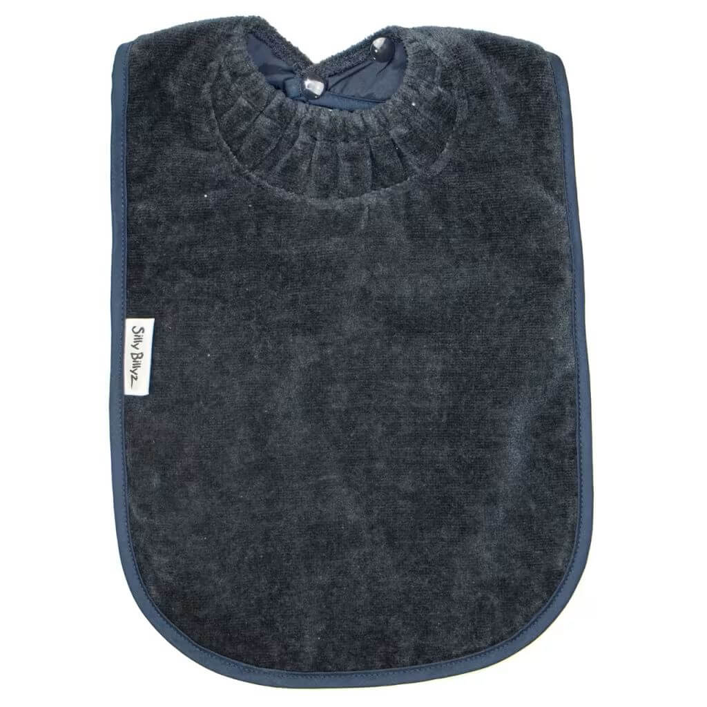 Navy Silly Billyz Towel XL Bib provides extra-large coverage with a soft, absorbent front and waterproof backing to keep messes under control.