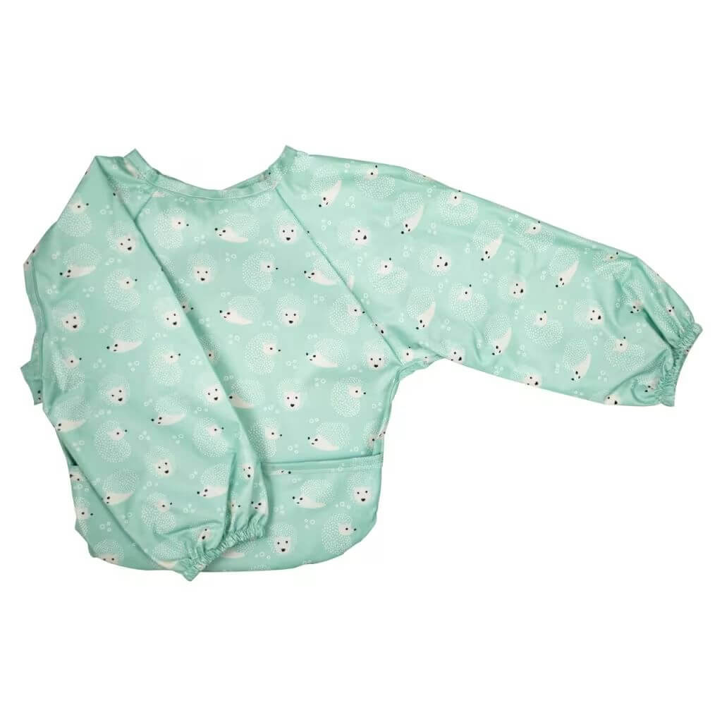 Hedgehog print Silly Billyz long sleeve wipe-clean bib offering full coverage and waterproof protection for mess-free mealtimes and activities.