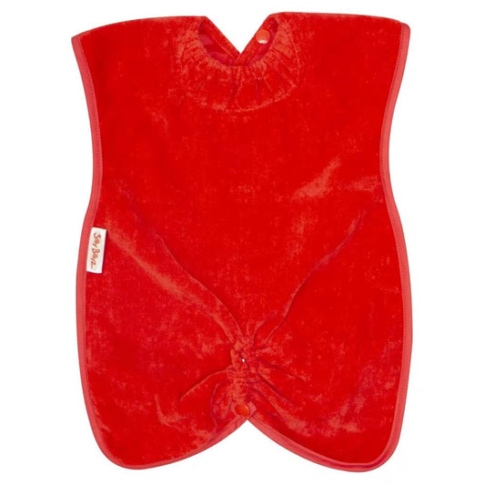 Silly Billyz Highchair Hugger Bib in red, featuring absorbent towelling fabric, adjustable snap closure, and ruched bottom for full lap coverage.