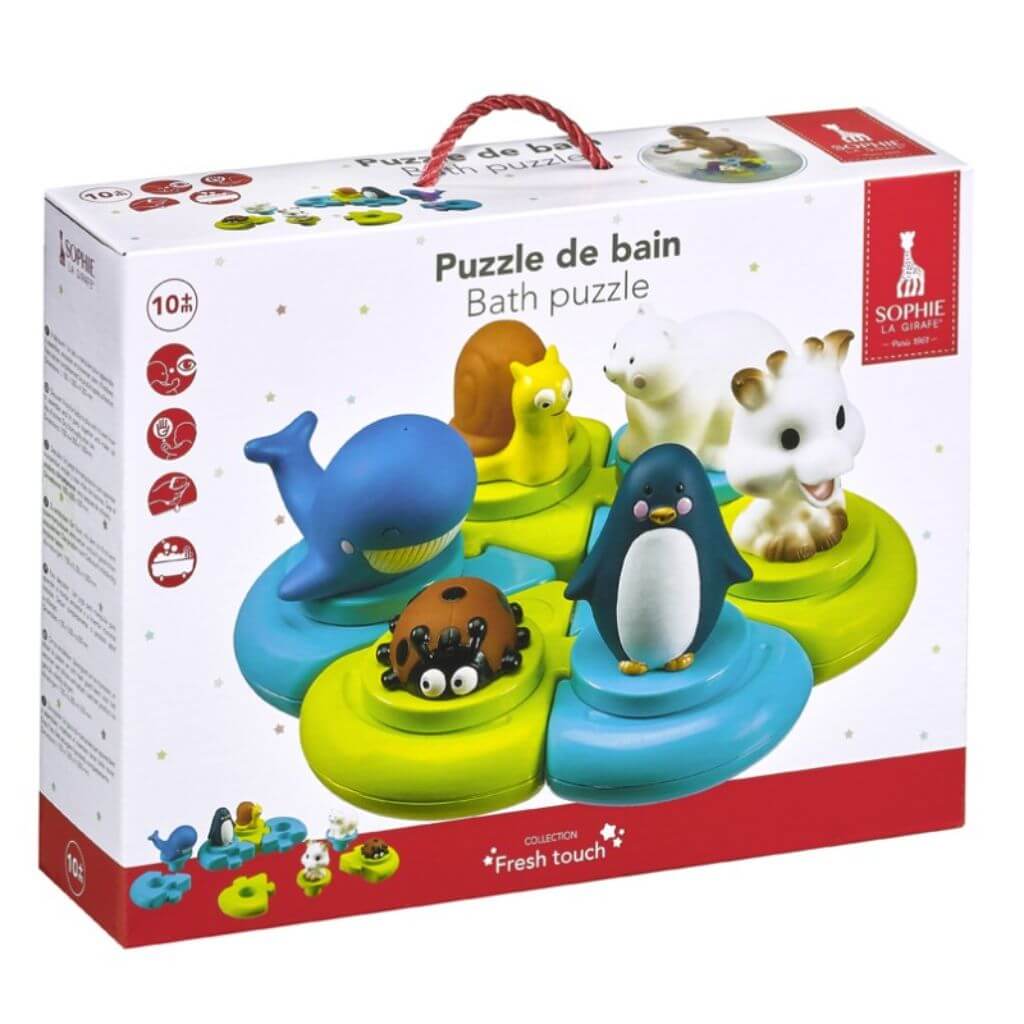 Packaging of the Sophie la Girafe Bath Puzzle, featuring fun floating animal figures and puzzle pieces for interactive water play.