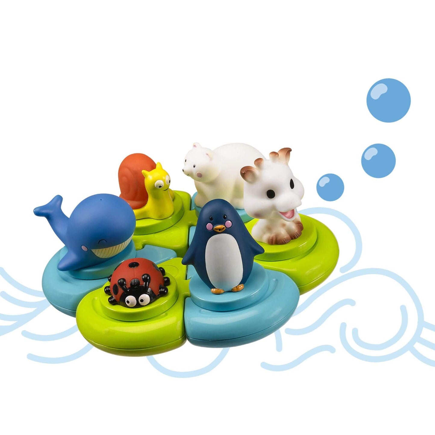 Sophie la Girafe Bath Puzzle with floating animal figures, interactive puzzle pieces, and colourful design for fun water play.