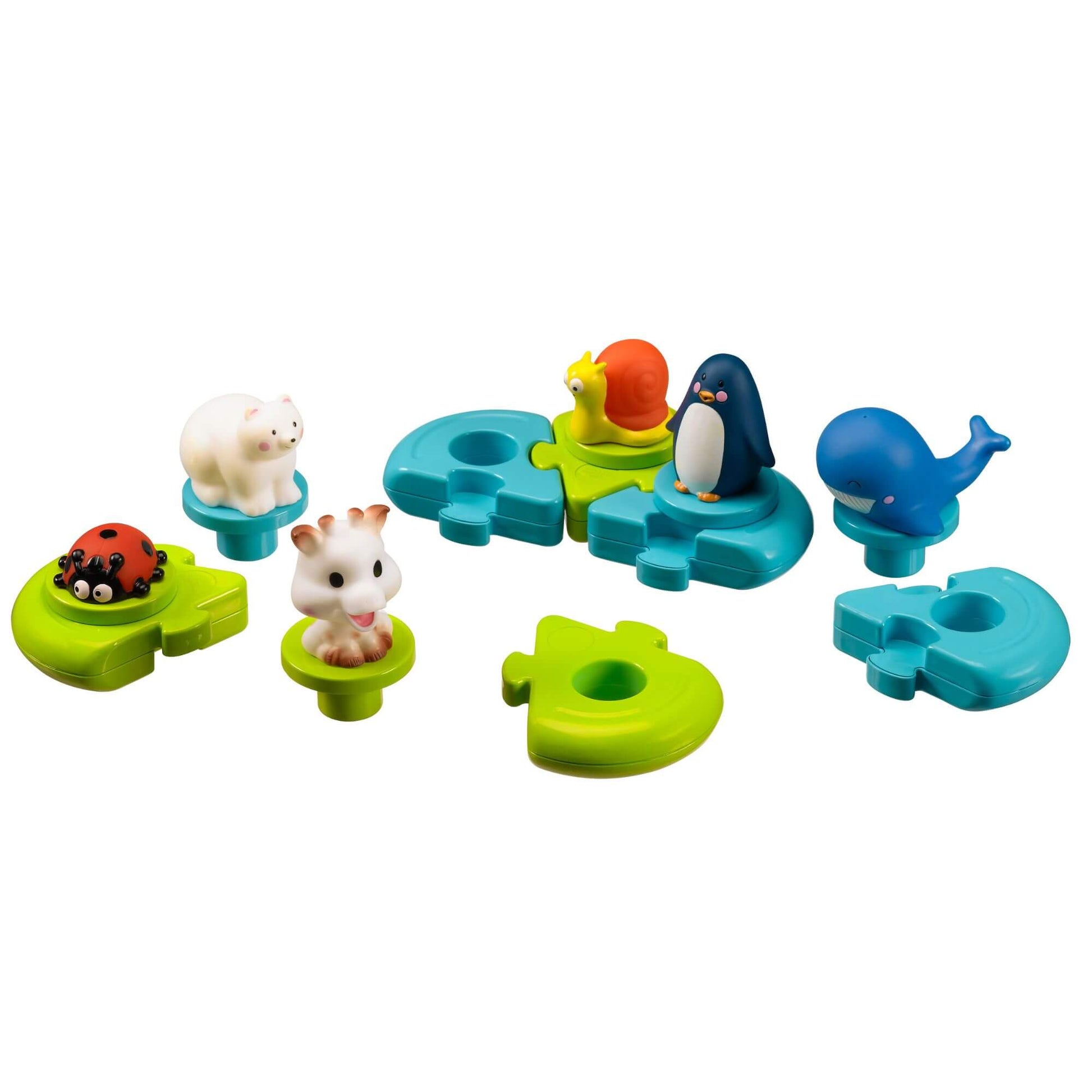 Sophie la Girafe Bath Puzzle with detachable animal figures and floating puzzle pieces, designed to develop motor skills and logic.