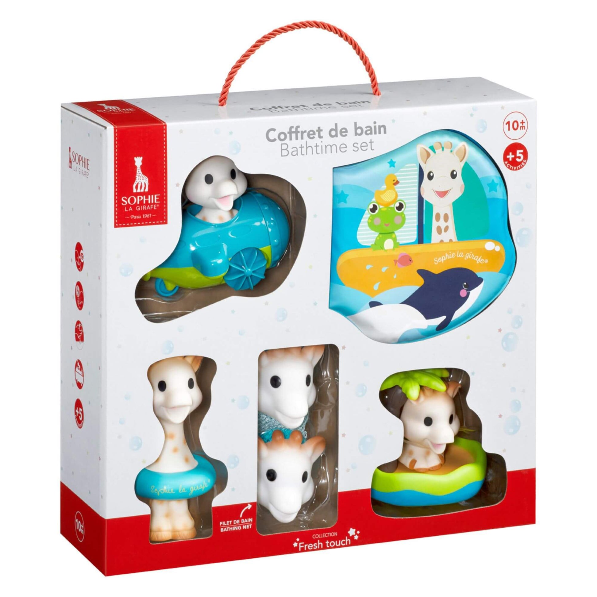 Sophie la Girafe Bathtime Set packaging featuring fun floating toys and accessories designed to make bath time playful and engaging.